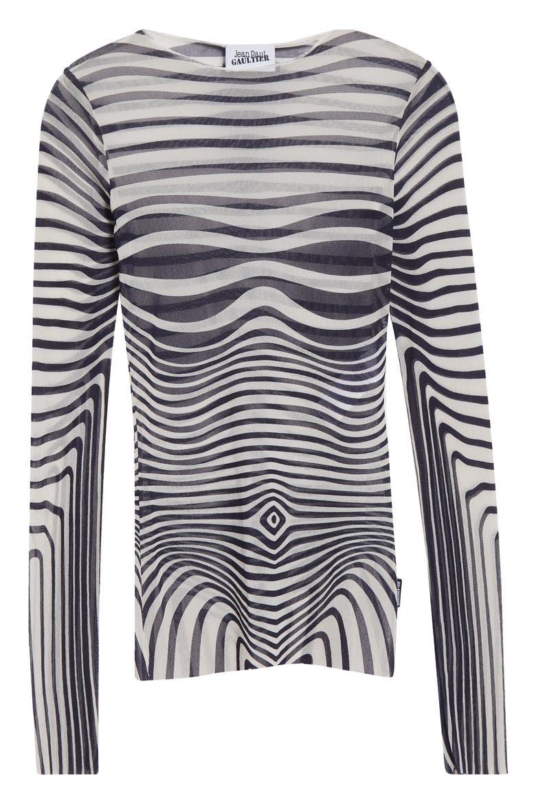 Re-Edition Body Morphing Trompe l'Oeil Long Sleeve Mesh Top, Alternate, color, ECRU/ NAVY