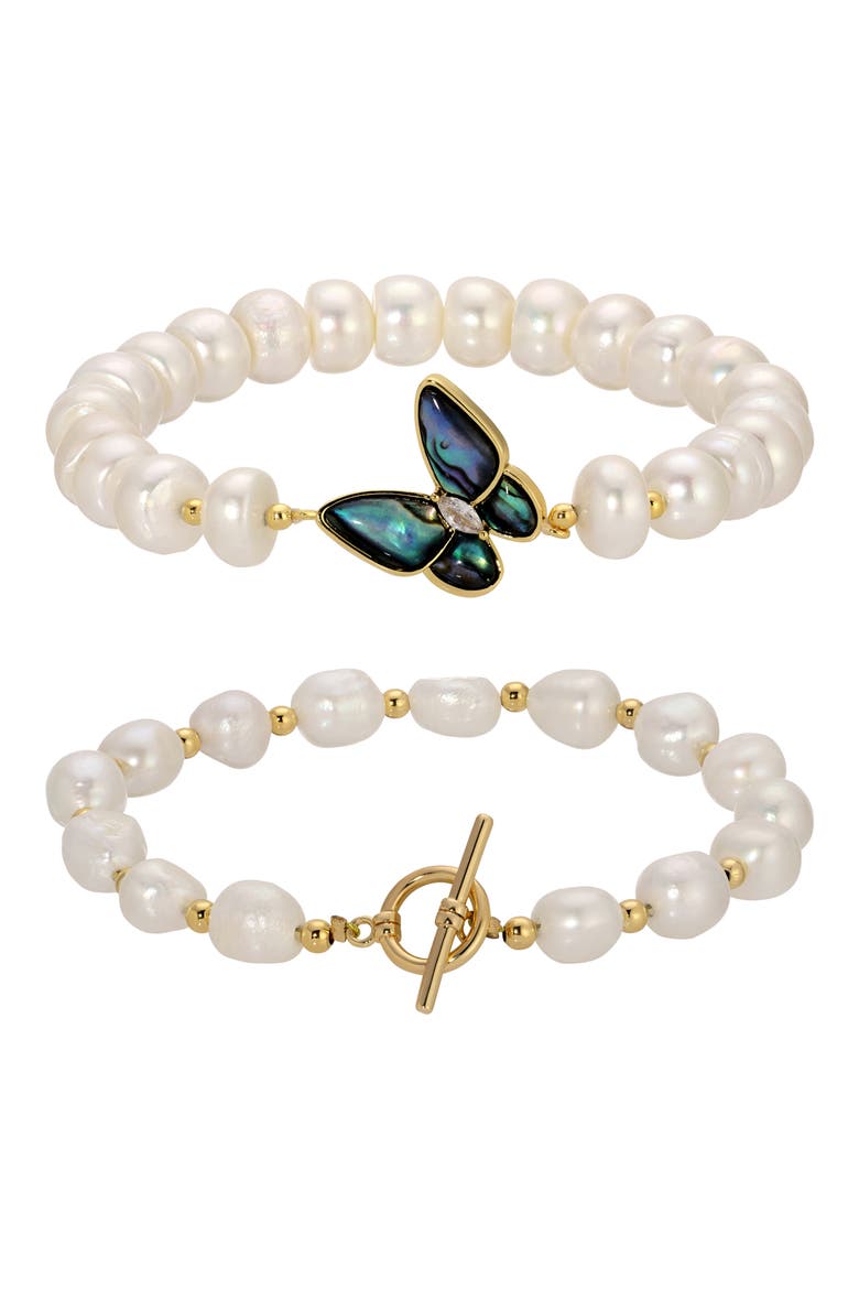 Mort Bleu Set of 2 Butterfly & Imitation Pearl Bracelets, Main, color, GOLD