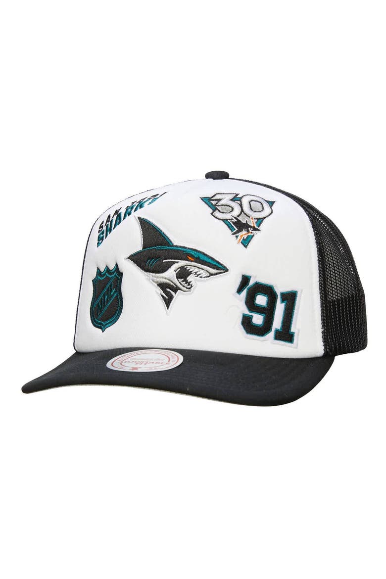 Men's Mitchell & Ness White/Black San Jose Sharks Gridlock Trucker Adjustable Hat, Main, color, White