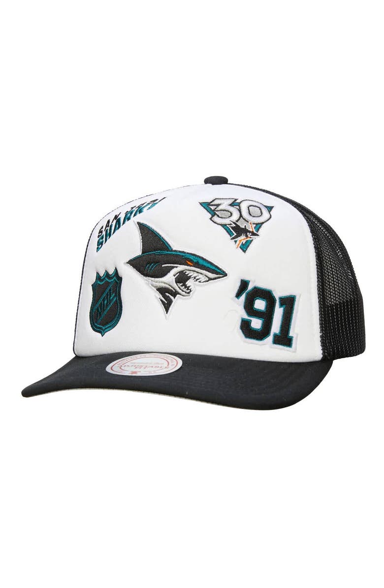 Mitchell & Ness Men's Mitchell & Ness White/Black San Jose Sharks Gridlock Trucker Adjustable Hat, Main, color, White