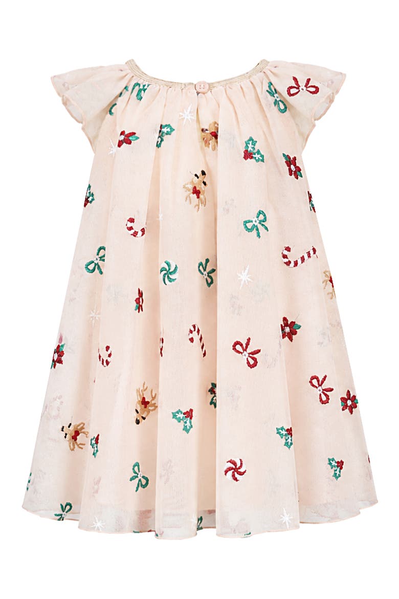 Holiday Icon Embroidered Flutter Sleeve Glitter Mesh Dress, Alternate, color, CHAMPAGNE