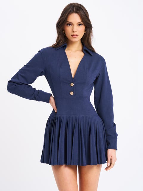 Valarie Denim Style Pleated Mini Dress