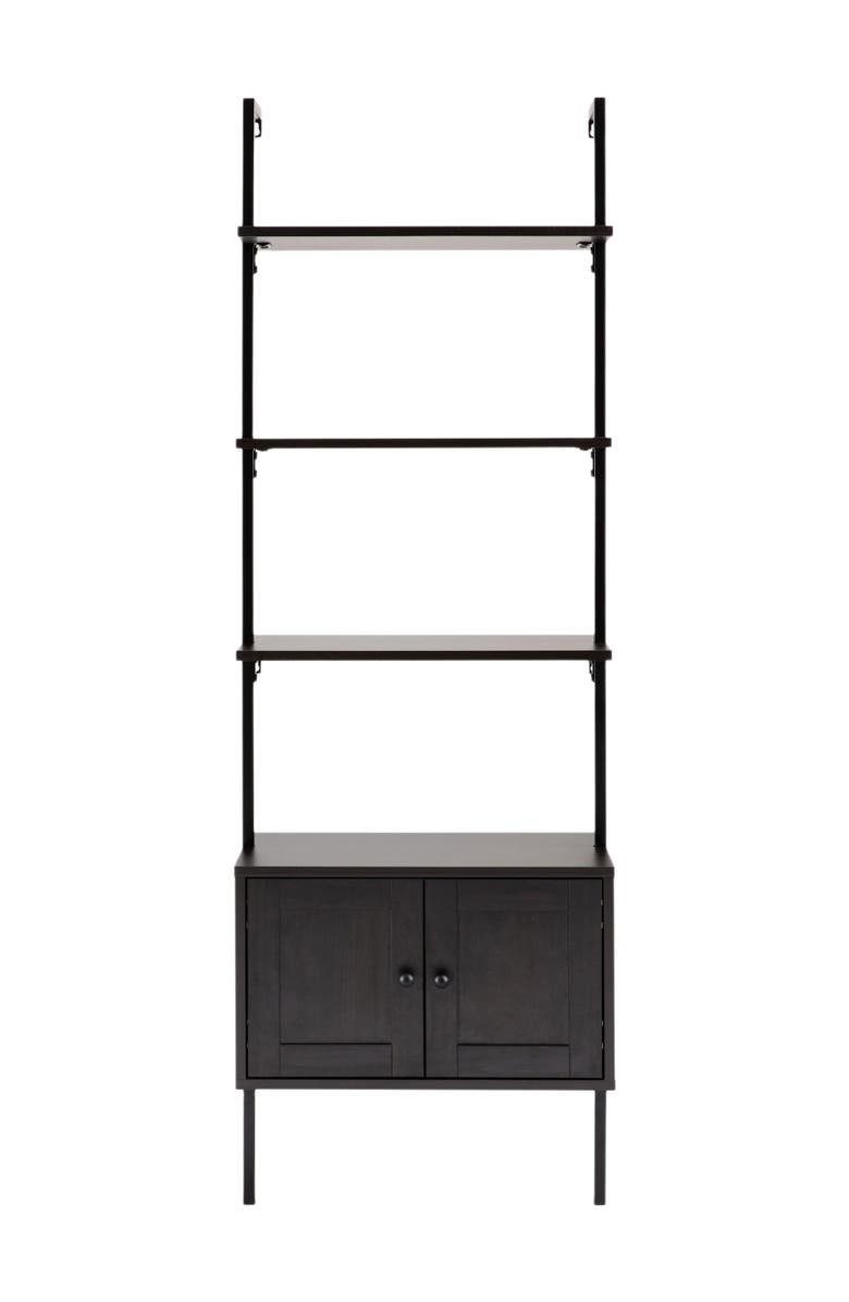 HAPPIMESS Tulare 72.05" MidCentury Industrial 4-Shelf Wood Wall-Mounted Open Ladder Bookcase with Cabinet and Metal Frame, Alternate, color, Black