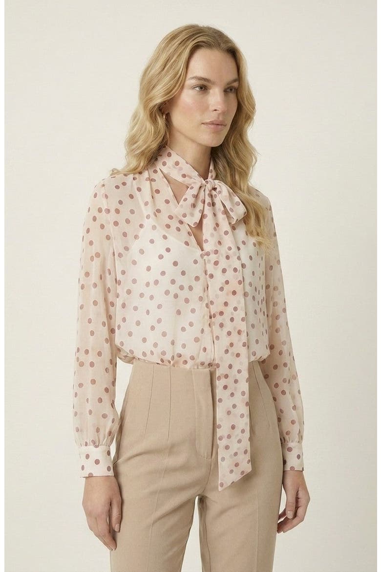 Summer Polka Dot Tie Neck Long Sleeve Blouse, Alternate, color, Red