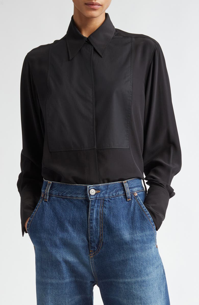 Victoria Beckham Contrast Bib Mixed Media Button-Up Shirt, Main, color,