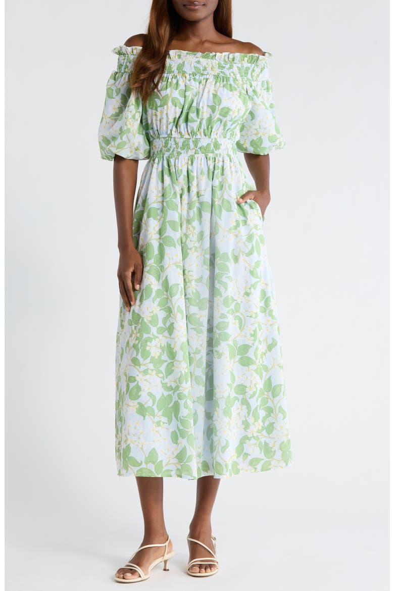 Kiany Floral Magna Town Off the Shoulder Cotton Midi Dress, Main, color, LIGHT-BLUE-GREEN