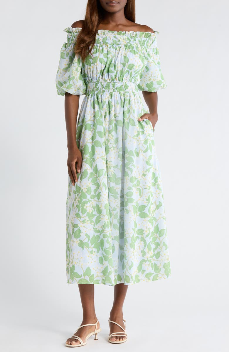 SUGARLIPS Kiany Floral Magna Town Off the Shoulder Cotton Midi Dress, Main, color, Light-Blue-Green