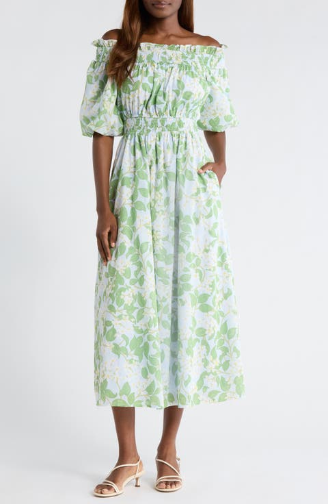 Kiany Floral Magna Town Off the Shoulder Cotton Midi Dress