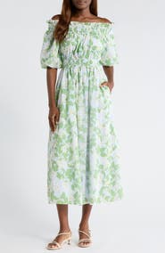 SUGARLIPS Kiany Floral Magna Town Off the Shoulder Cotton Midi Dress