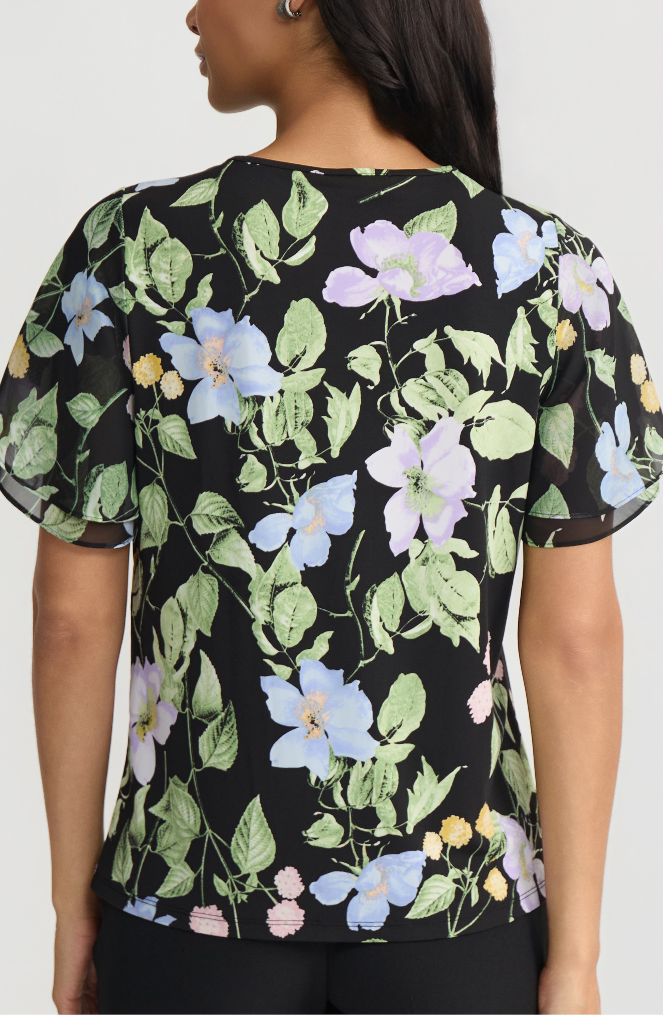 Floral Print Flutter Sleeve Mixed Media Top - image 2