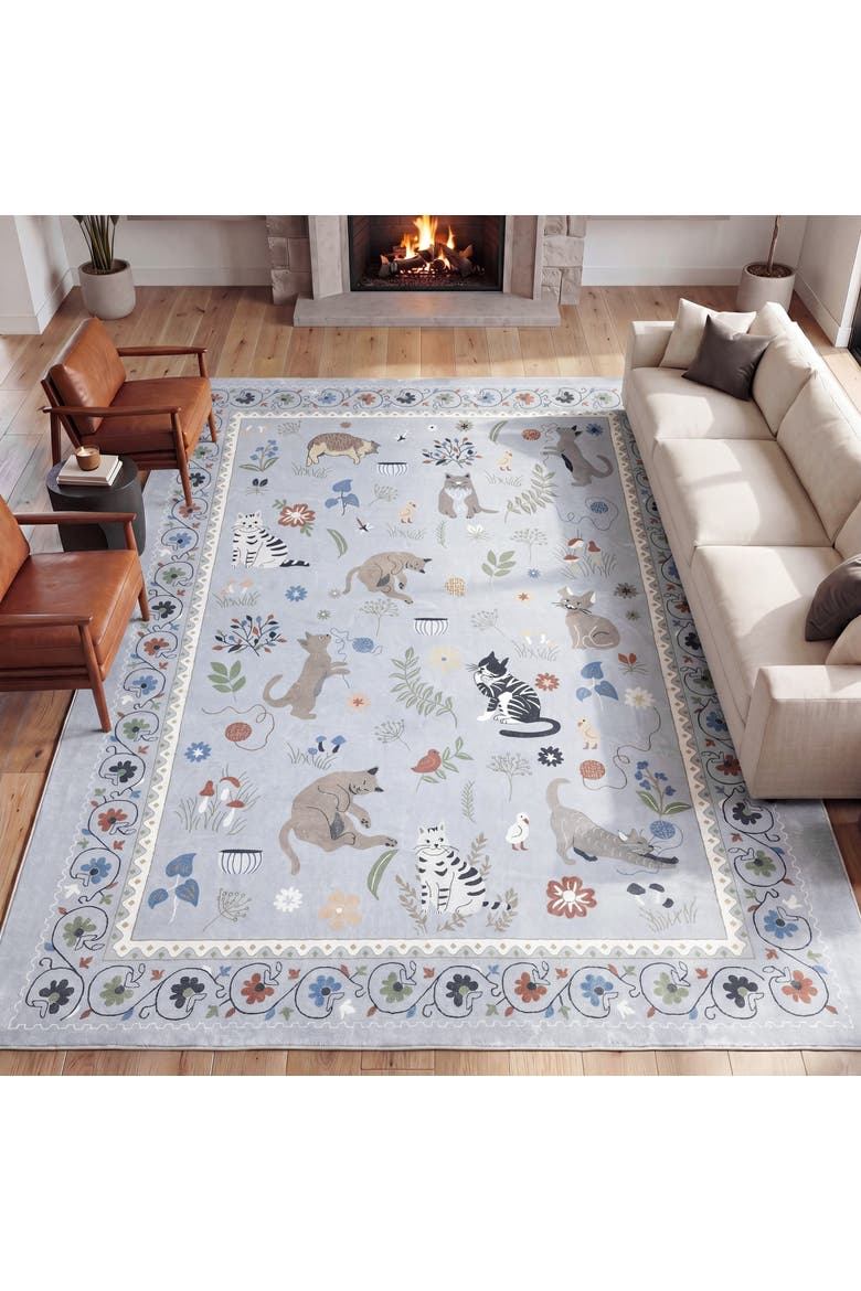 Catmosphere Festive Feline Floral Border Non-Slip Machine-Washable Rug, Main, color, Gray