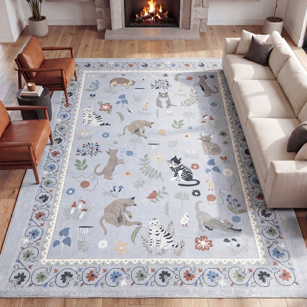 Jonathan Y Designs Catmosphere Festive Feline Floral Border Non-slip Machine-washable Rug In Gray