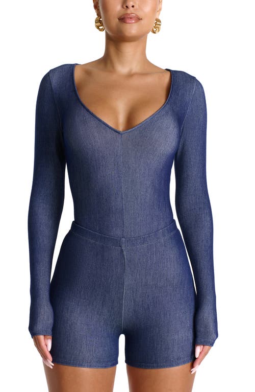 Naked Wardrobe The V Denim Bodysuit In Blue