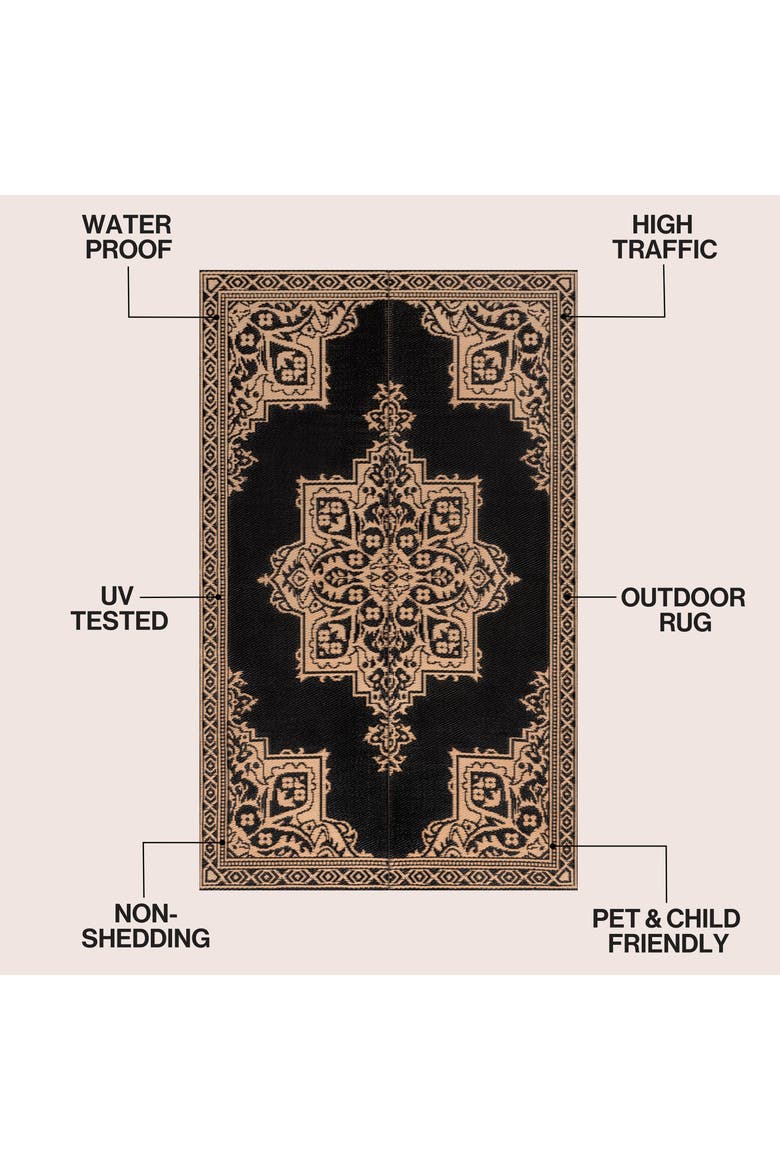 Dory Medallion Border Foldable Waterproof Reversible Plastic Straw Outdoor Rug, Alternate, color, Black/Cream