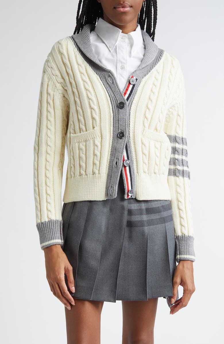 Thom Browne 4-Bar Cable Knit Virgin Wool Shawl Cardigan, Main, color, White
