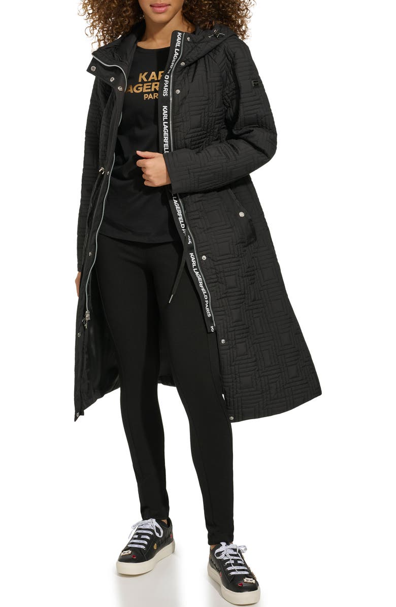 KARL LAGERFELD PARIS Hooded Quilted Long Jacket, Alternate, color, Black