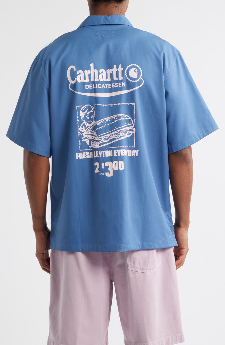 Carhartt Work In Progress Deli Embroidered Short Sleeve Cotton Button-Up Shirt, Alternate, color, Blue Iris / Air Pink