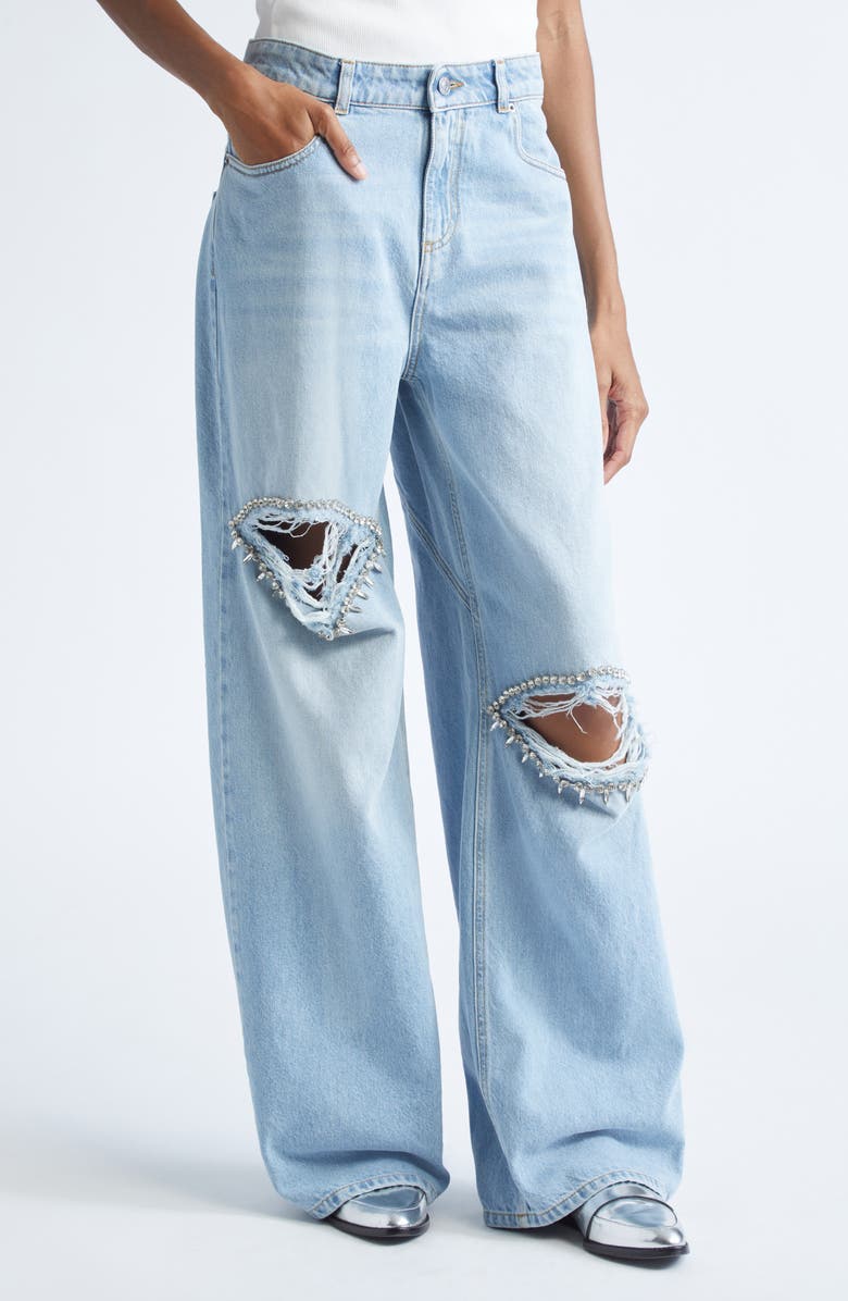 Area Distressed Crystal Trim Relaxed Slit Jeans, Alternate, color, Medium Blue