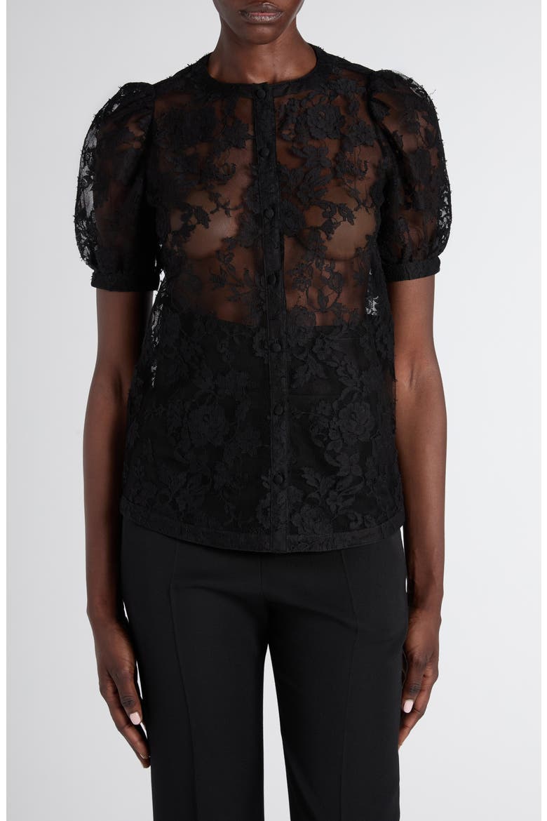 Puff Sleeve Sheer Floral Lace Shirt, Main, color, BLACK