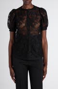 McQueen Puff Sleeve Sheer Floral Lace Shirt