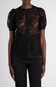 McQueen Puff Sleeve Sheer Floral Lace Shirt