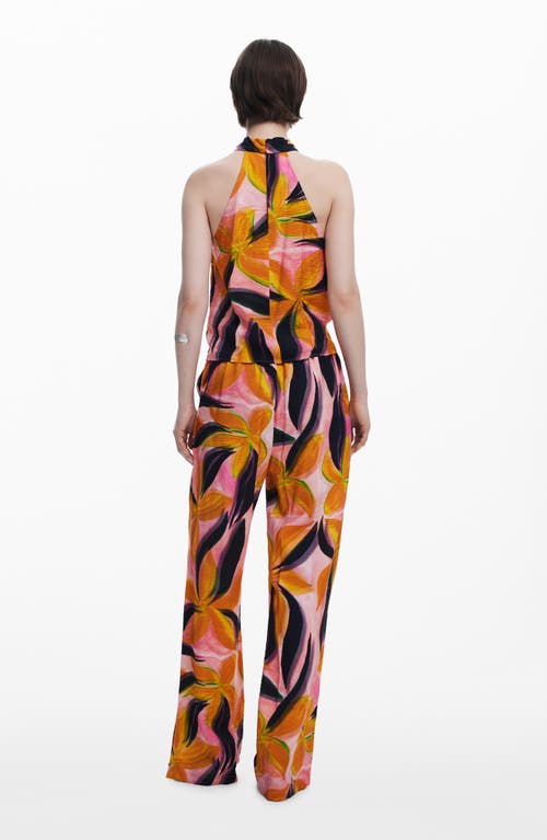 Desigual Floral Crinkled Crisscross Halter Neck Crop Top In Pink