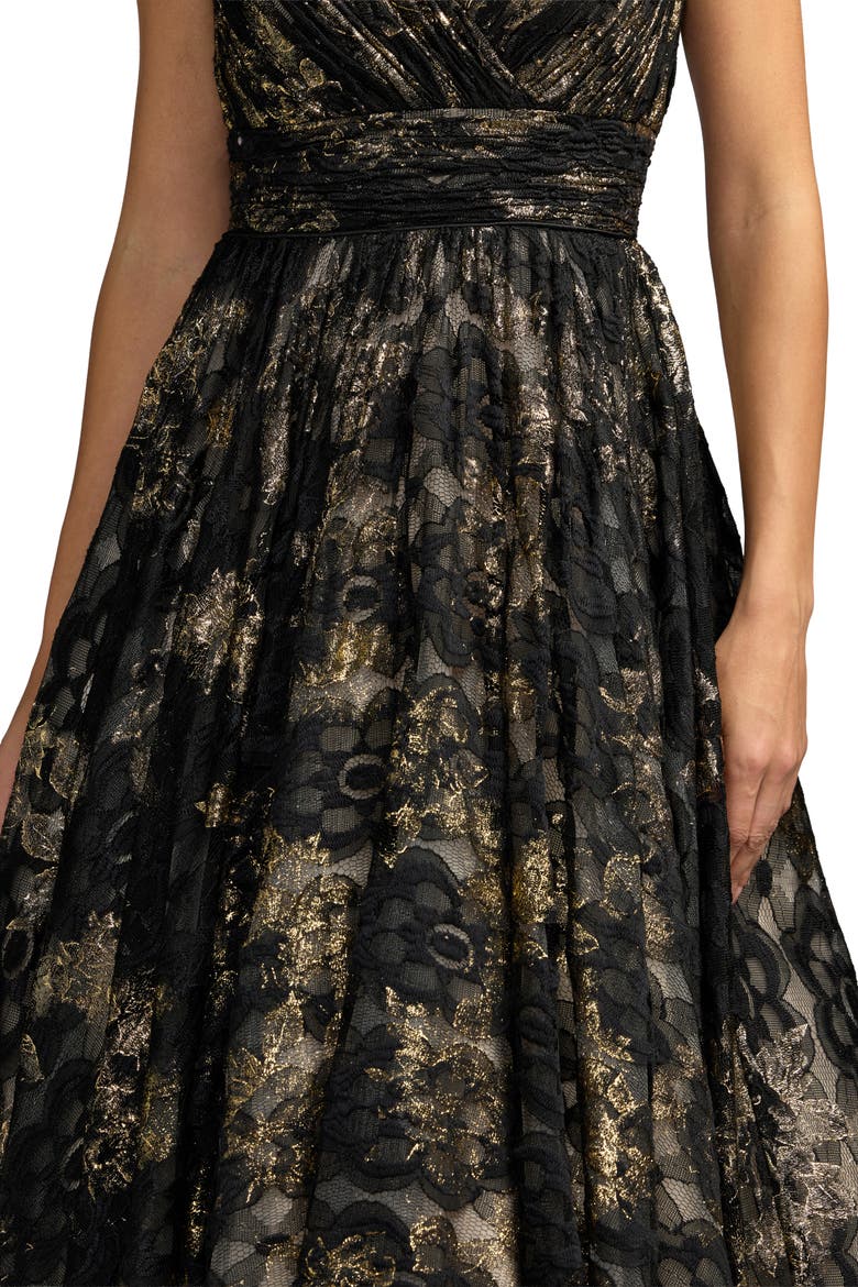 Metallic Lace Sleeveless V-Neck Midi Dress, Alternate, color, Black Gold