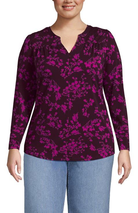 Plus Size Long Sleeve Lightweight Jersey Notch Neck Tunic Top
