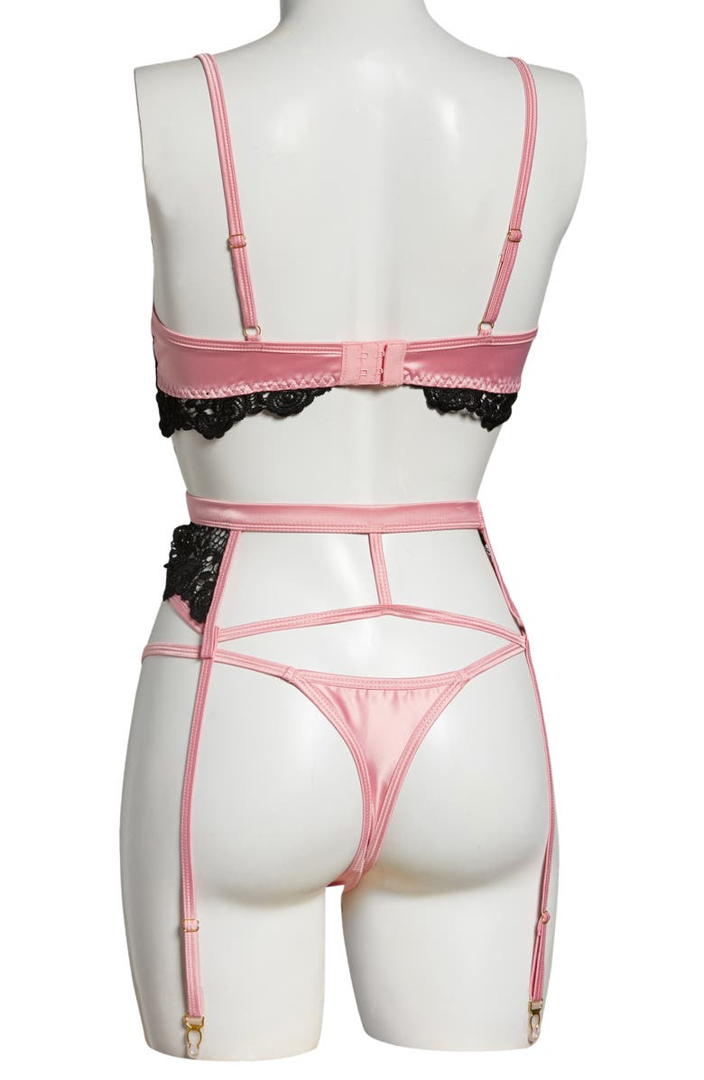 Roma Confidential Open Cup Underwire Bra, Thong & Garter Belt Set, Alternate, color, Black/ Pink