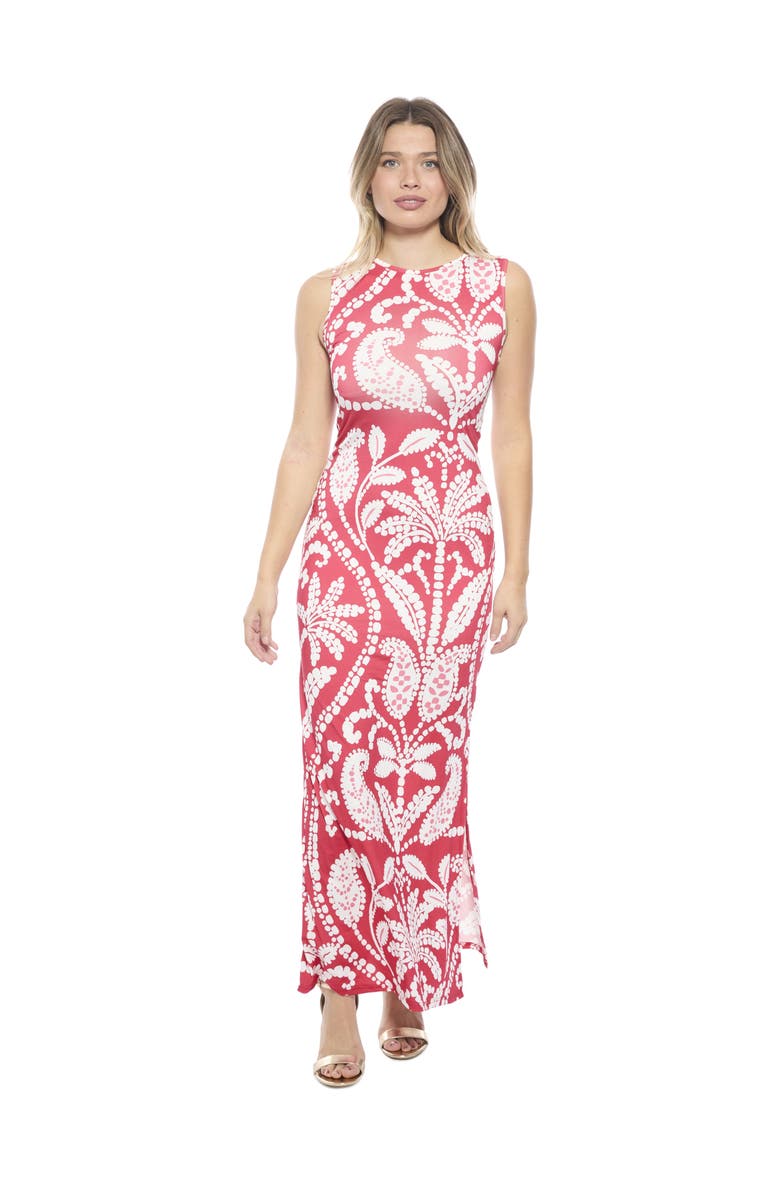 24seven Comfort Apparel Womens Essential Paisley Sleeveless Side Slit Bodycon A-Line Maxi Dress, Main, color, Red Multi