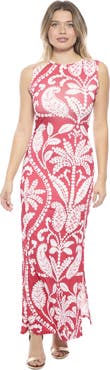 24seven Comfort Apparel Womens Essential Paisley Sleeveless Side Slit Bodycon A-Line Maxi Dress