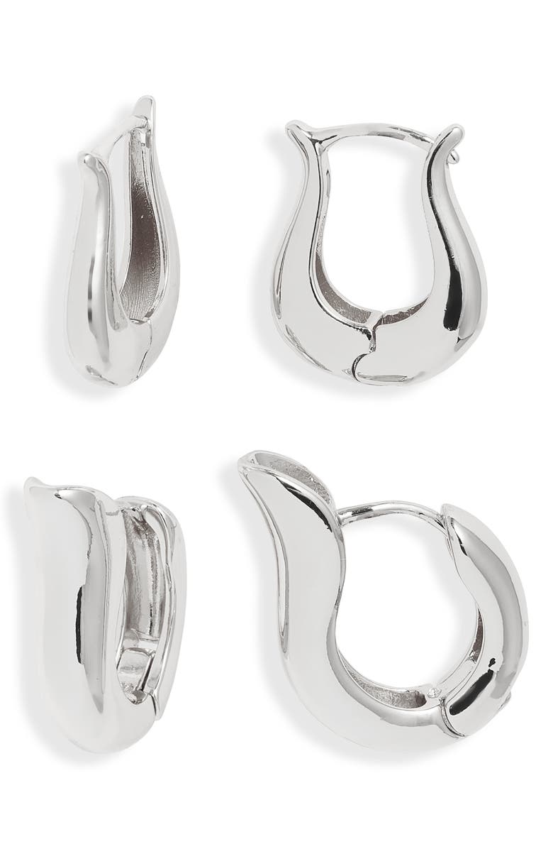 Open Edit Set of 2 Tulip Hoop Earrings, Main, color, Silver