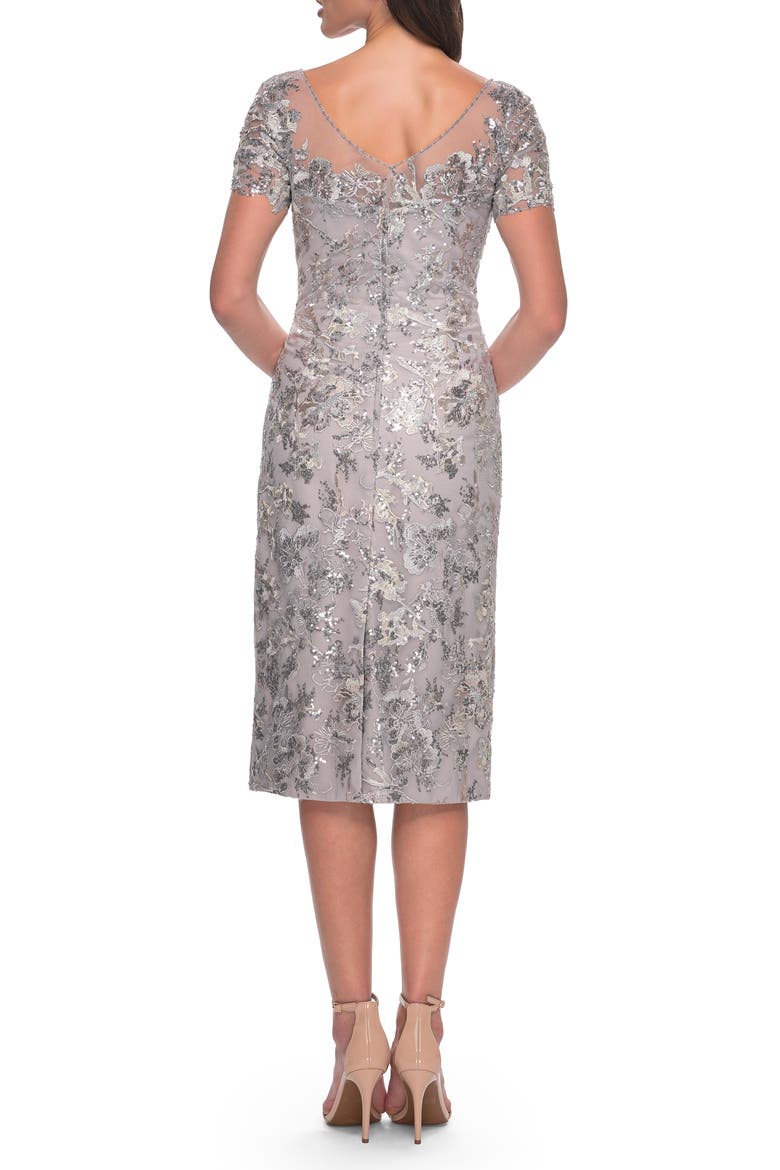 Lace and Sequin Short Dress with Illusion Neckline, Alternate, color, Silver
