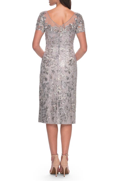 La Femme Lace And Sequin Short Dress With Illusion Neckline In Silver