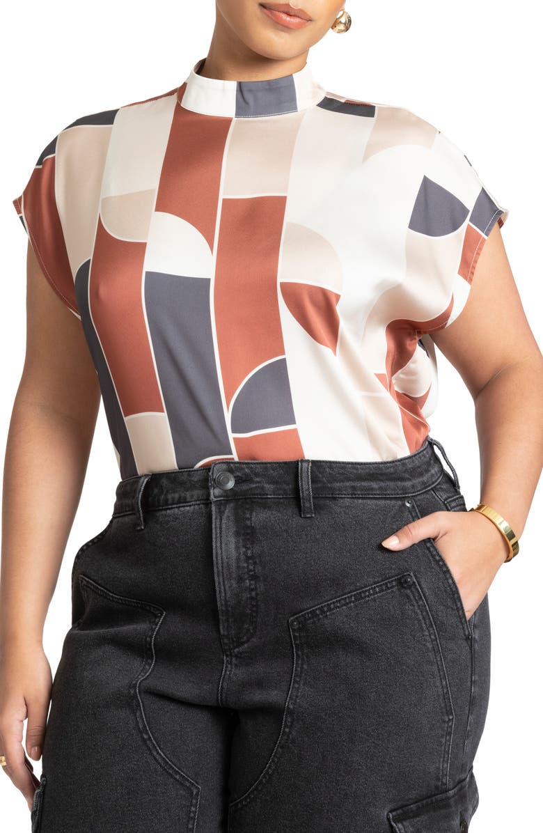 ELOQUII Geometric Print Mock Neck Satin Top, Main, color,