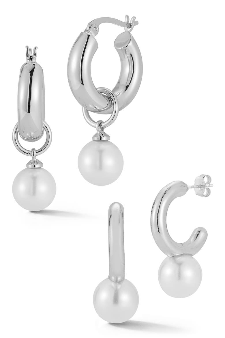 Set of 2 Faux Pearl Drop Huggie Hoop Earrings, Main, color, SILVER