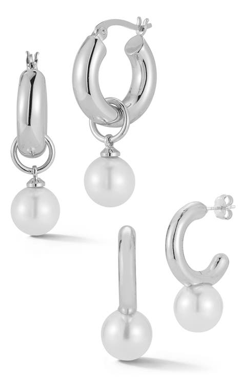 Set of 2 Faux Pearl Drop Huggie Hoop Earrings