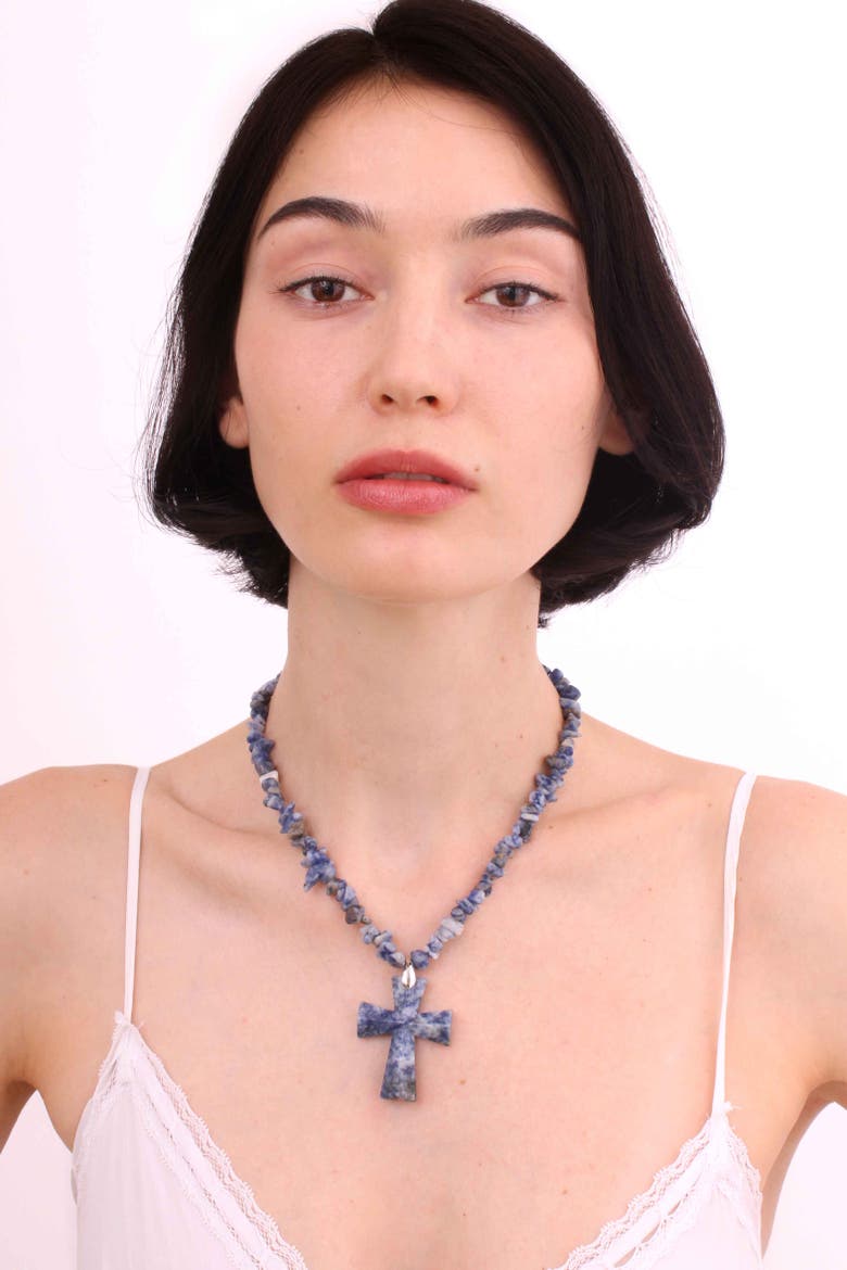Jasper Cross Beaded Necklace, Alternate, color, Blue