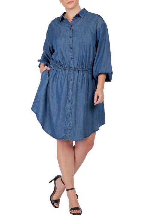 Long Sleeve Elastic Waist Shirtdress (Plus Size)