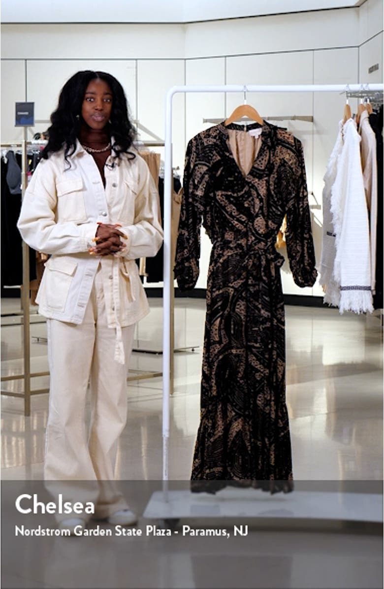 Aria Tie Belt Long Sleeve Burnout Faux Wrap Velvet Dress, sales video thumbnail