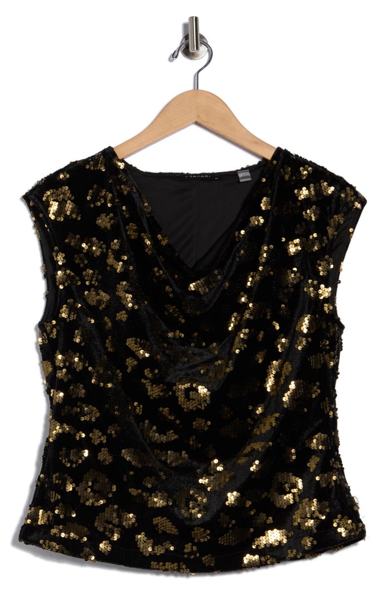 T Tahari Cowl Neck Cap Sleeve Sequin Top, Alternate, color, Black/ Gold Sequins