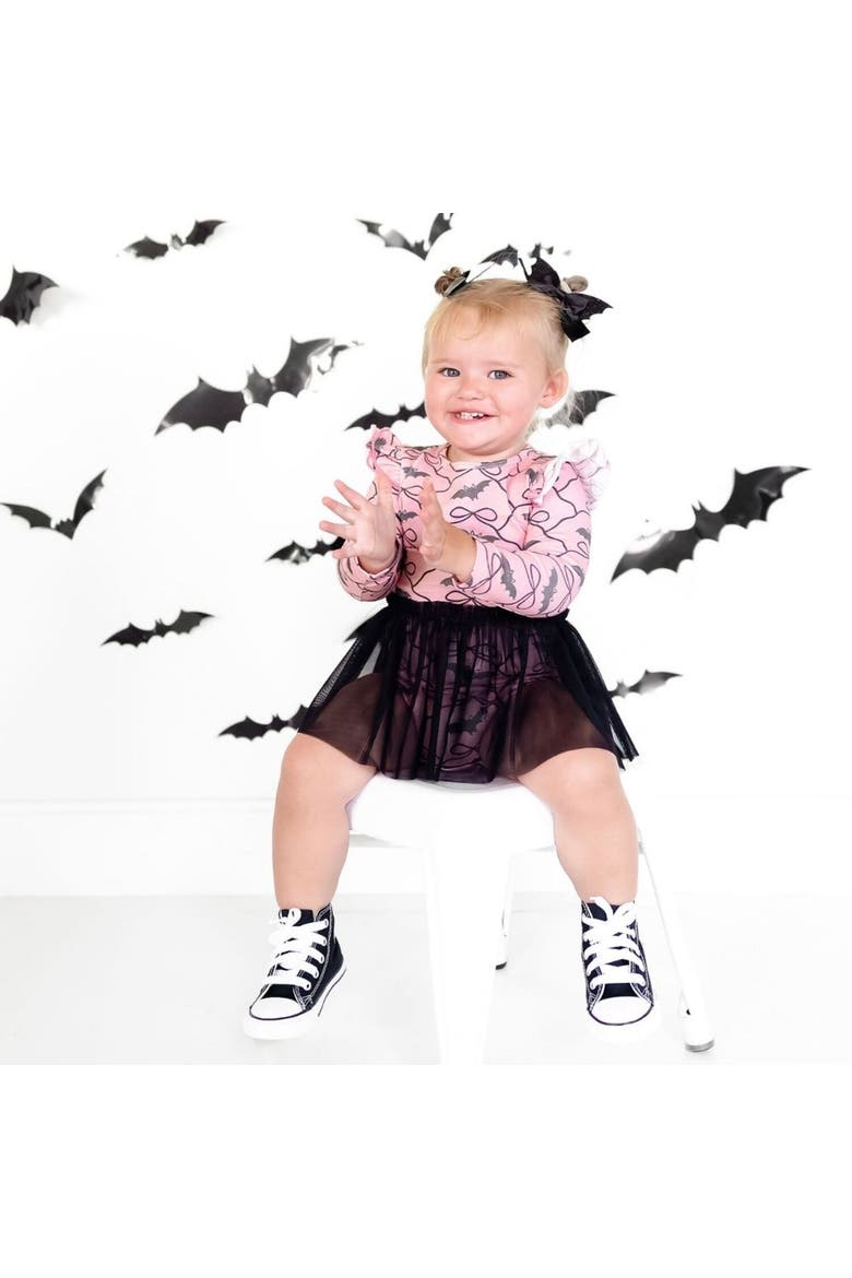 Bat Trellis Printed Halloween Long Sleeve Tutu Bodysuit, Alternate, color, Pink