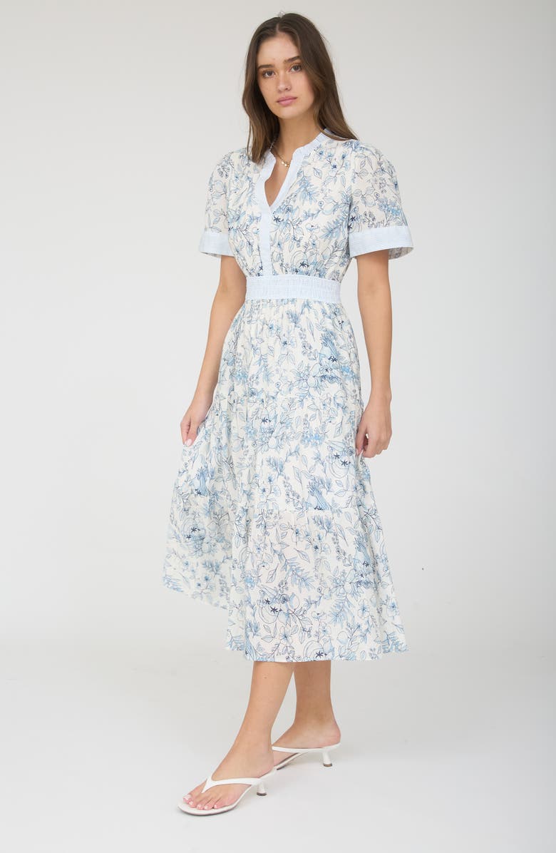 AUGUST SKY Floral Short Sleeve Midi Dress, Alternate, color, Ivory/ Blue