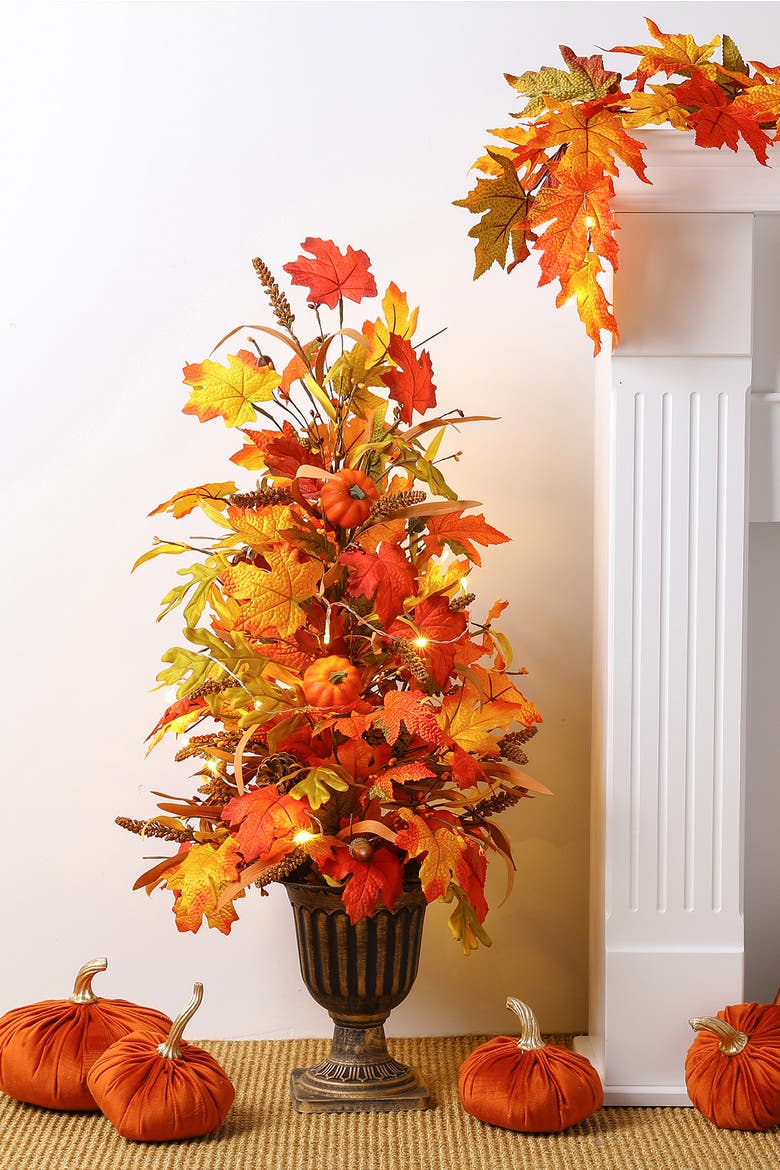 Fall Lighted Maple Leaves Potted Porch Tree With Timer, Alternate, color, Orange