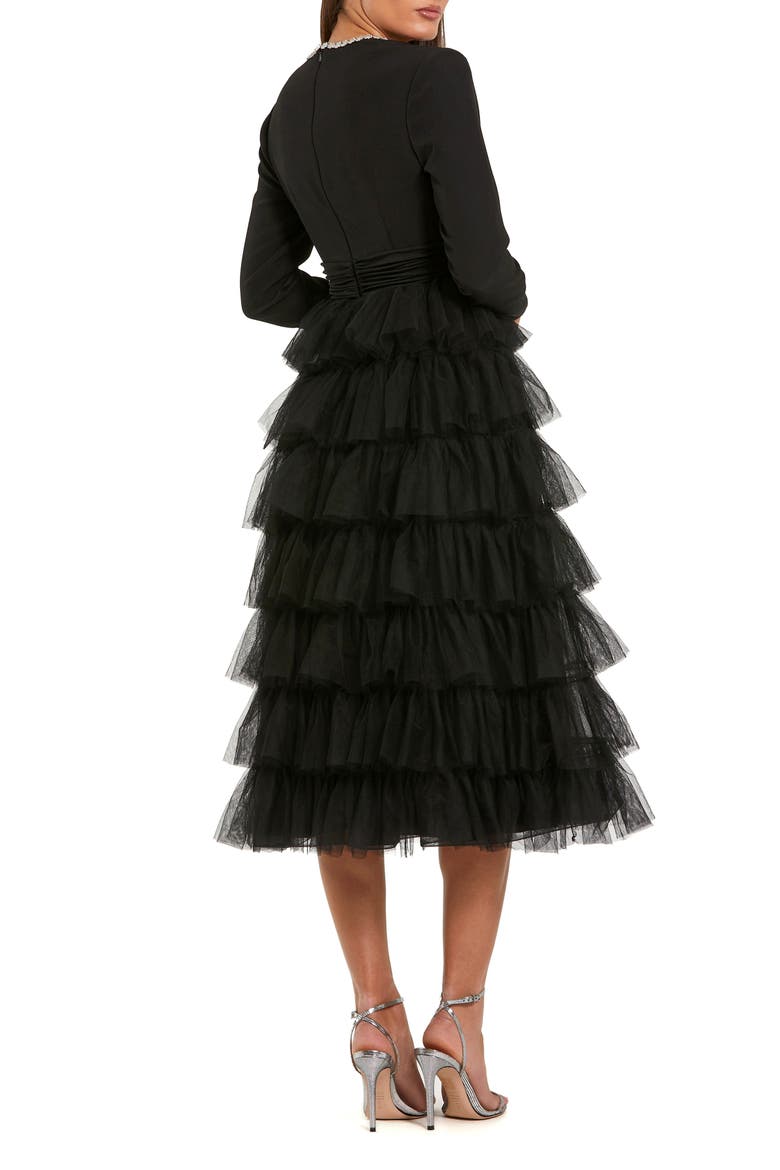 Crepe And Tulle Crystal Tiered Long Sleeve Ruffle Midi Dress, Alternate, color, Black