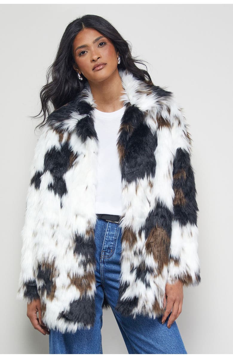 Warehouse Premium Funnel Neck Mono Faux Fur Coat, Main, color, Mono