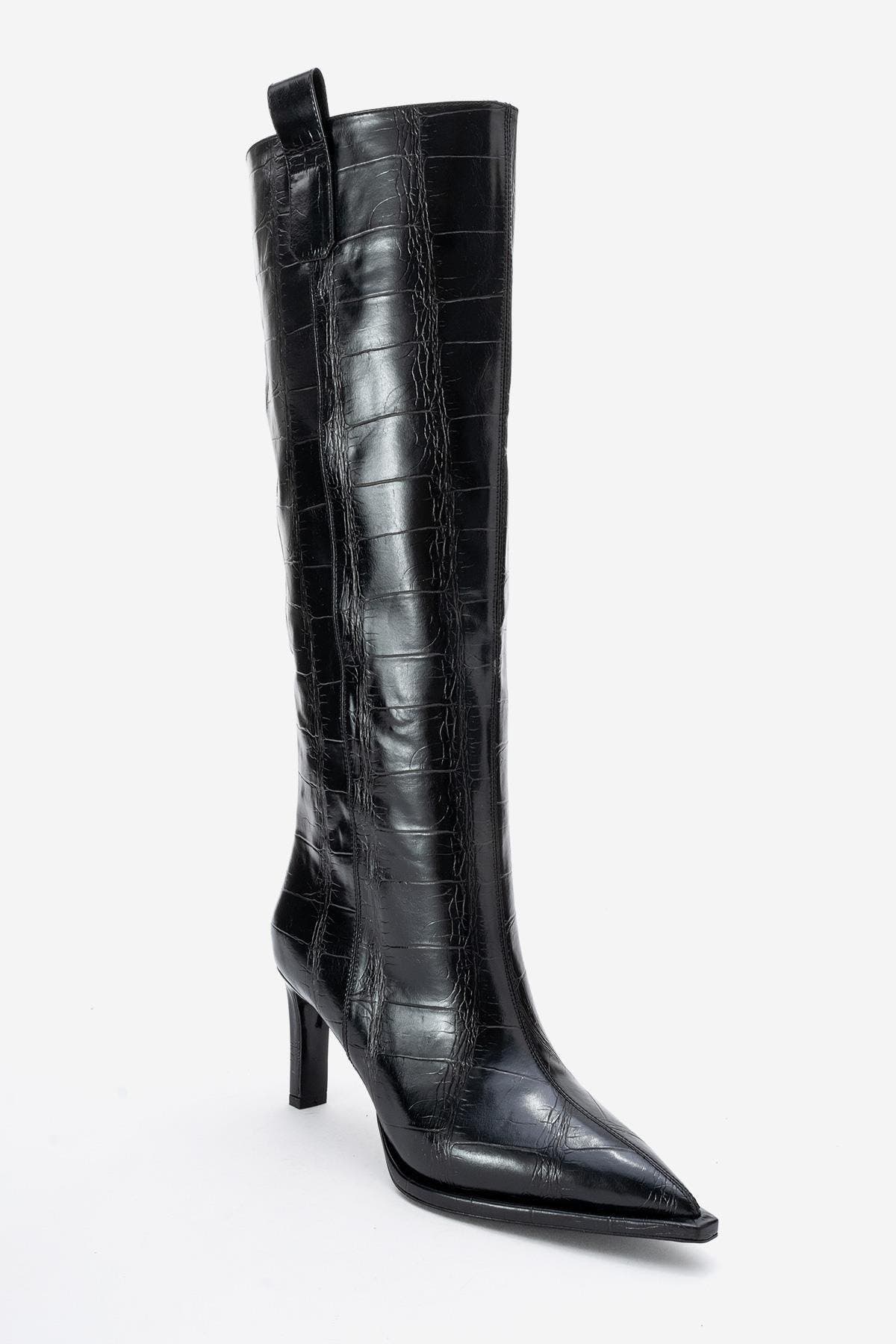 Prologue Shoes Lunelle Stiletto Knee High Boot, Main, color, Black Print Faux Leather