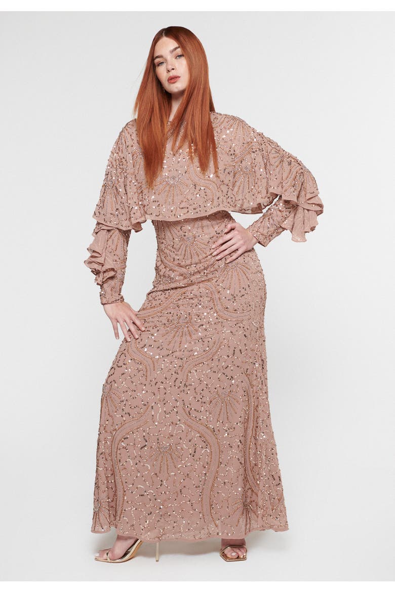 Occasion Modest Embellished Sequin Beaded Evening Maxi Dress, Main, color, TAUPE BLUSH