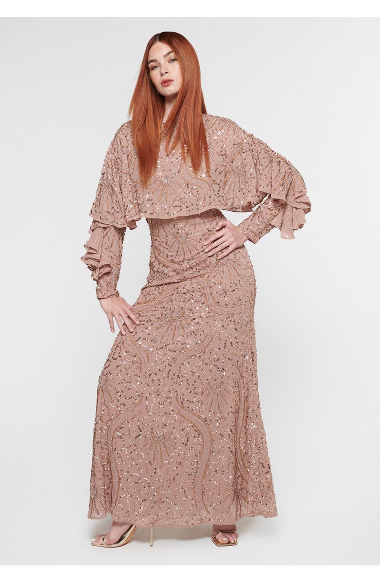 MARYISA Occasion Modest Embellished Sequin Beaded Evening Maxi Dress, Main, color, Taupe Blush