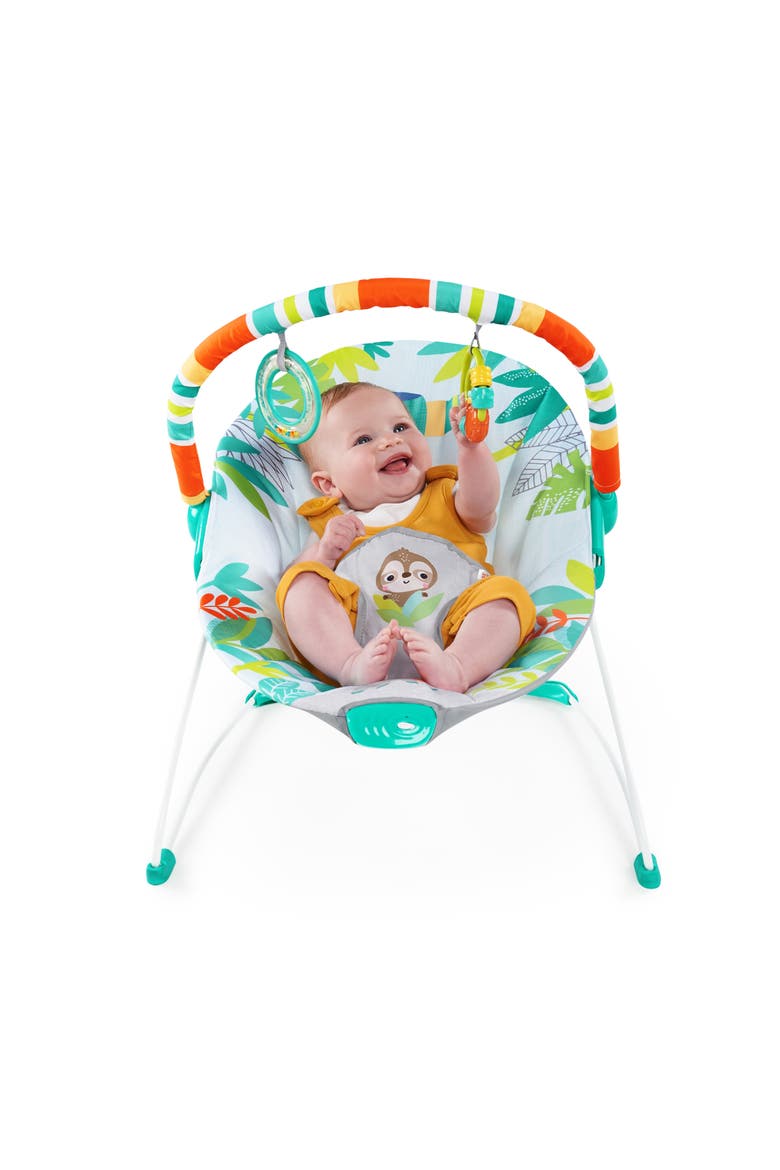 Rainforest Vibes Vibrating Bouncer with Toy Bar, Alternate, color, Blue